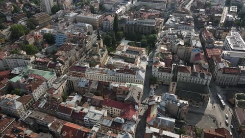 Aerial view of the streets of the city of Sarajevo, the view of the city of Sarajevo the capital of