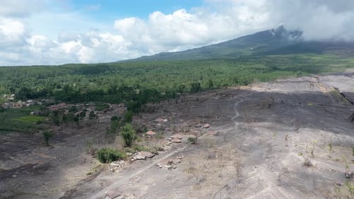 Aerial view showing a village and forest destroyed by the destructive lava flow from the mount