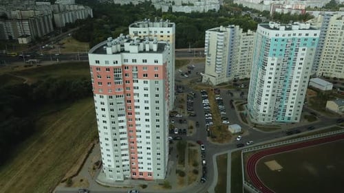 Modern urban architecture. Multi-storey buildings with infrastructure. Densely populated urban area.