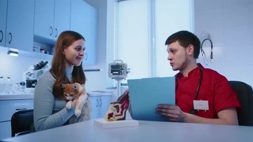 Woman with Cat Consulting Veterinarian Doctor in Clinic