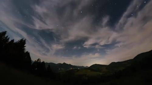 Timelapse of Moving Stars in Night Sky Over Forest