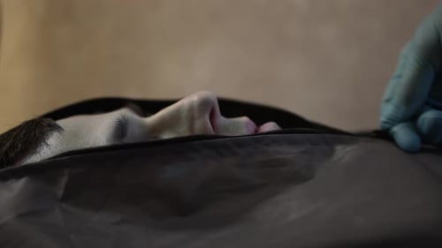Body Bag Zipped Closed with Face Showing