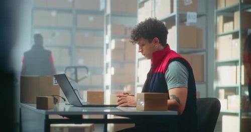 Parcel Processing Specialist Scans Packages Using Barcode Scanner Works on Laptop