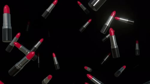 Red Lipsticks Falling and Rotating on Black Background
