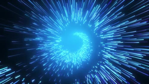 Blue glowing particle vortex with fast energy motion and depth