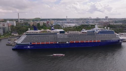 Circular Elevated Shot of Huge Cruise Ship Moored in City Majestic Vessel for Almost 3000 Passengers