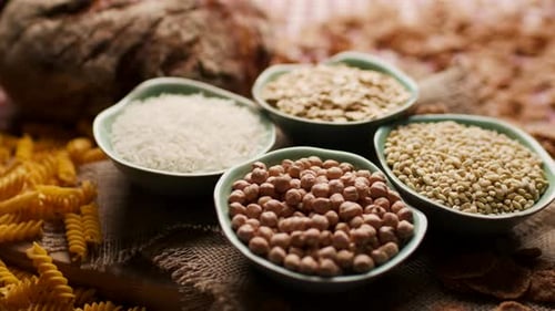 Bowls of Rice, Chickpeas, Oats and Wheat Berries