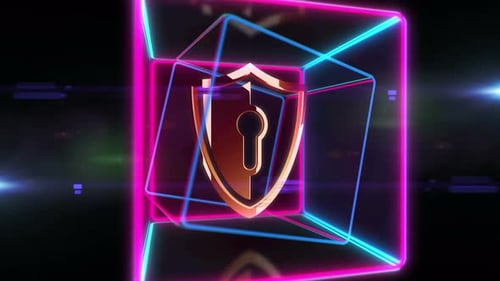 Digital Security Shield in Abstract Neon Rotating Cubes