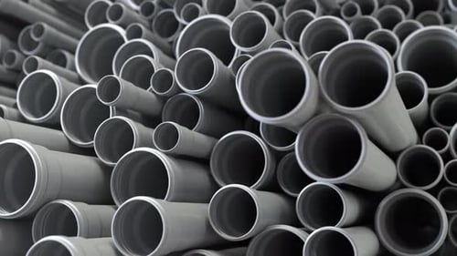 PVC plastic pipes and tubes for sewage systems in warehouse. 3d animation