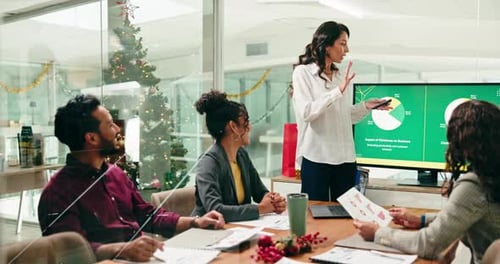 Business, people and presentation with screen in office for Christmas target, feedback and planning