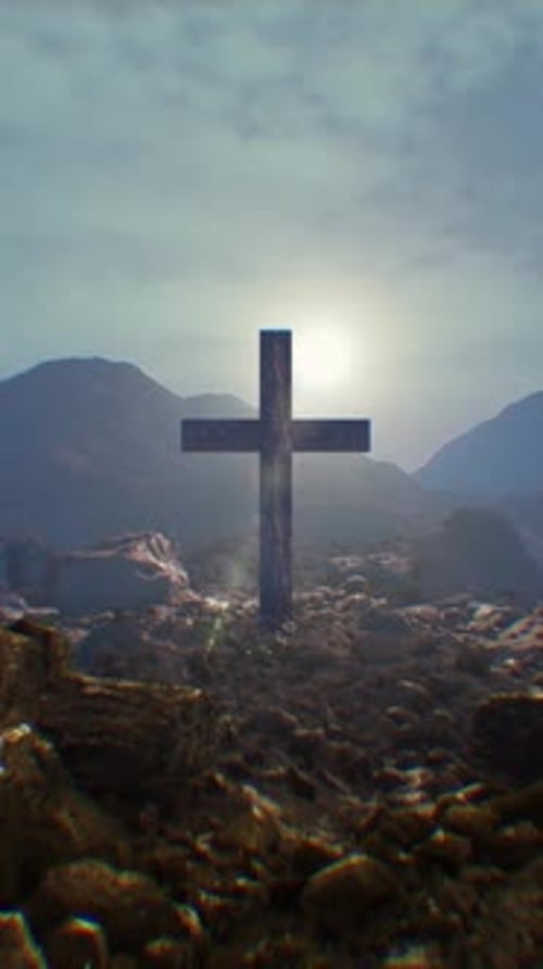 Zooming Towards A Wooden Cross In A Rocky Landscape