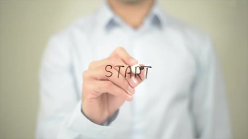 Start Man Writing on Transparent Screen