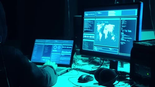 Wanted Hackers Coding Virus Ransomware Using Laptops and Computers in the Basement Cyber Attack