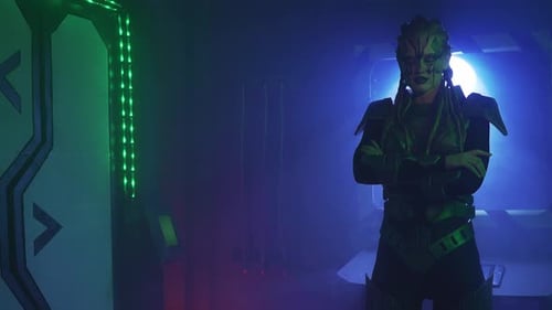 Scary alien is wearing the armor, standing with her arms crossed, 4k