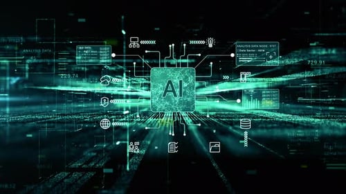 AI Processor Chip Animation with Futuristic Data Network and Icons