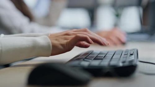 Closeup Woman Hands Typing Pc in Office. Journalist Make Research Work Computer