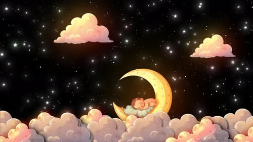 Zeichentrick-Kinderanimation Ein Baby, das auf Wolken schläft und träumt, Zeichentrickanimationshintergrund