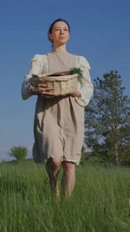 Woman Walks Through Field with Basket of Greens