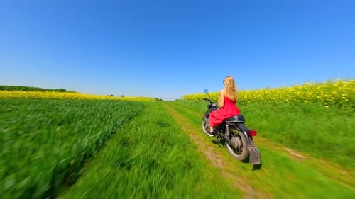 FPV of Woman in Red Dress and Dog Riding a Vintage Motorcycle in the Countryside