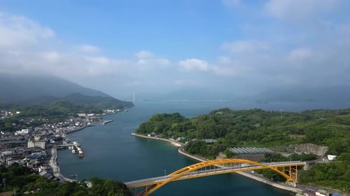 Drone flight over islands of Seto Inland sea in Japan