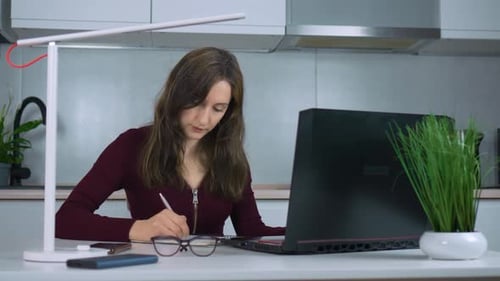 Writing Notes with Pen Planner Businesswoman Works in Home Office on Laptop