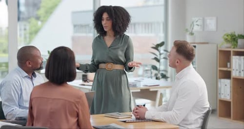 Business, woman or speaker with team for meeting, presentation or training in office with employees