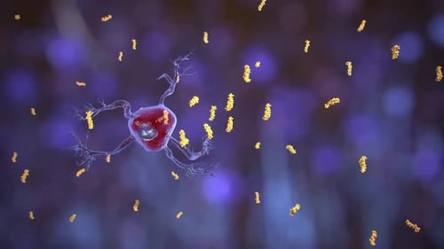 Viruspartikel, die eine Neuronenzelle mit gelben Stacheln infizieren