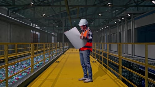 Engineer Reads Blueprint in Recycling Plant