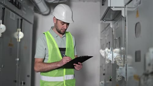 Man Writes on Clipboard Near Industrial Equipment