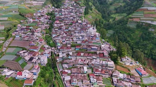 Drone view of village house on the mountain side. Nepal Van Java village, Indonesia.