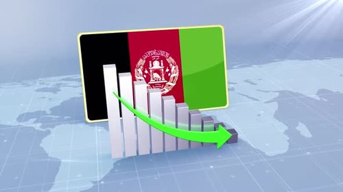 Afghanistan Flag With Decrease Bar Chart Graph And Arrow Green