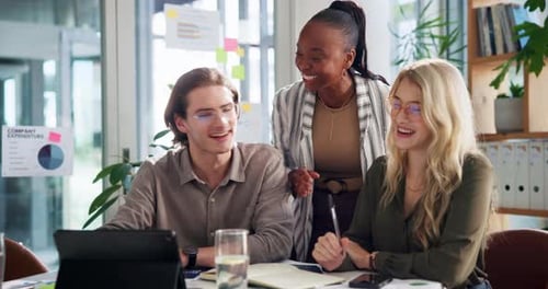 Creative agency, happy and people with tablet in meeting for campaign planning