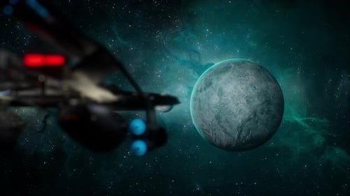 Futuristic Spaceship Flying Past Planet in Cosmic Galaxy