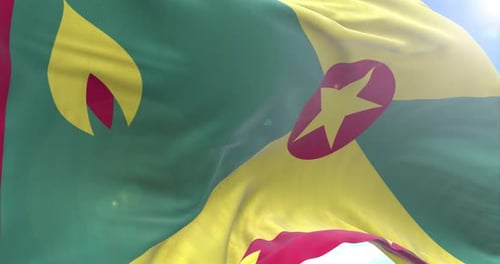 Waving Grenada Flag Under Blue Sky