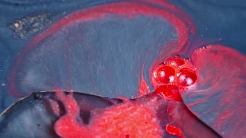Encre rouge abstraite tourbillonnant gracieusement dans l'eau bleue, créant un mélange de couleurs fascinant