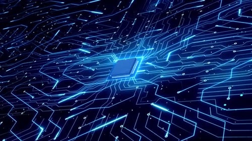 Futuristic Blue Circuit Board with Glowing CPU Animation