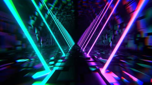 Purple And Turquoise Endless Sci Fi Corridor With Neon Long Lamps Background Vj Loop In 4K