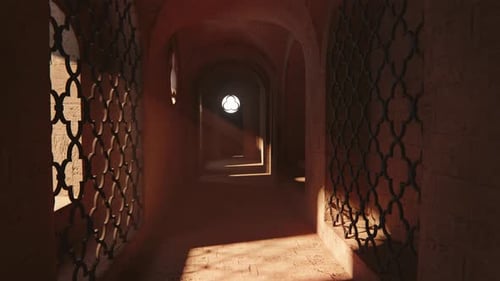 Mittelalterliche Tunnelanimation, bewegtes Sonnenlicht, Gottesstrahlen in atmosphärischer Tiefe