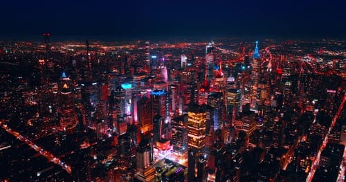Approaching the midtown of gorgeous New York with amazing skyscrapers lit with neon light.