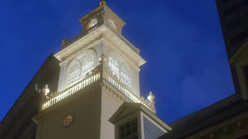 Tower Of Historic Old State House In Boston Illuminated At Night. closeup, low angle