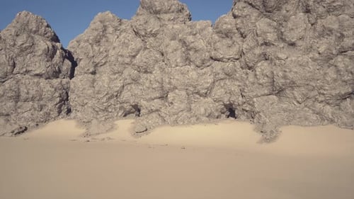 Expansive Sandy Landscape Bordered By Cliffs Beneath Clear Sky