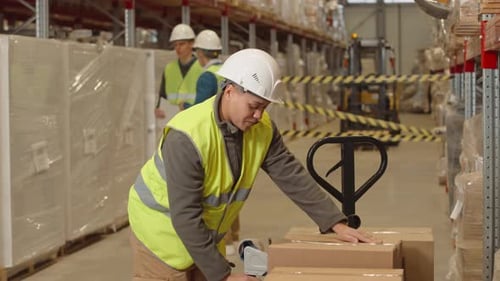 Female Warehouse Worker Packing Cardboard Box with Adhesive Tape