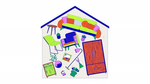 Animated House Filling with Colorful Furniture Flat Design