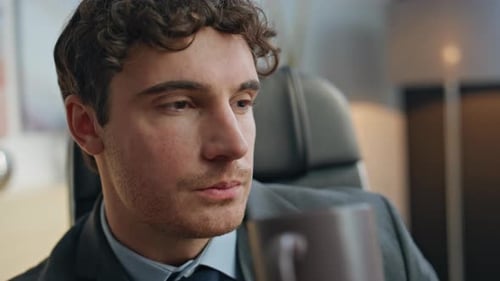 Thoughtful Businessman Drinking Tea at Office Closeup Manager Thinking Future