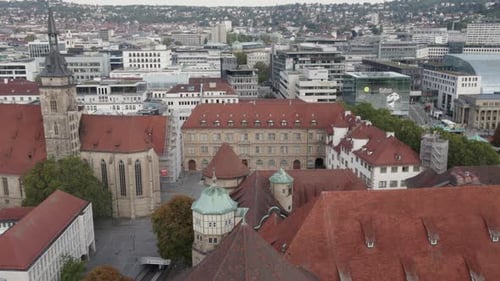 Pulling away from Stifskirche and its square in Stuttgart Germany