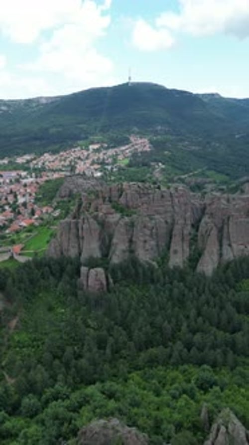 Aerial video of Belogradchik, sandstone, rocky outcrop, formations, landscape, Bulgaria.