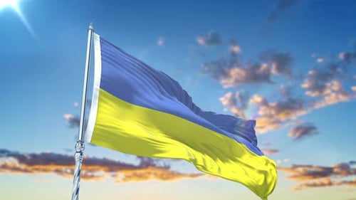 Waving Ukrainian Flag in Realistic 3D Render Against Blue Sky