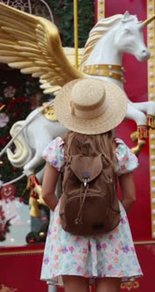 Woman Taking Photo of Carousel Horse with Her Smartphone