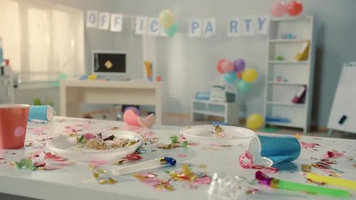 Escritório vazio após a festa Corporativo, confetes de lixo, pratos e copos de plástico sujos, balões e