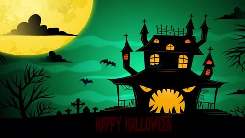Happy Halloween Haunted House Animation with Flying Bats